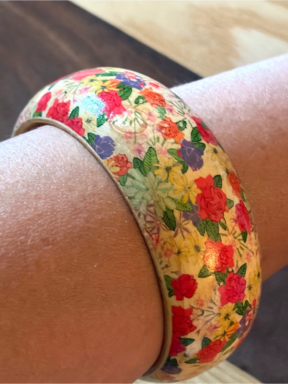 🌸Vintage Decoupage Wooden Bangle Bracelet – Floral Print Chunky Cuff Roses🌼